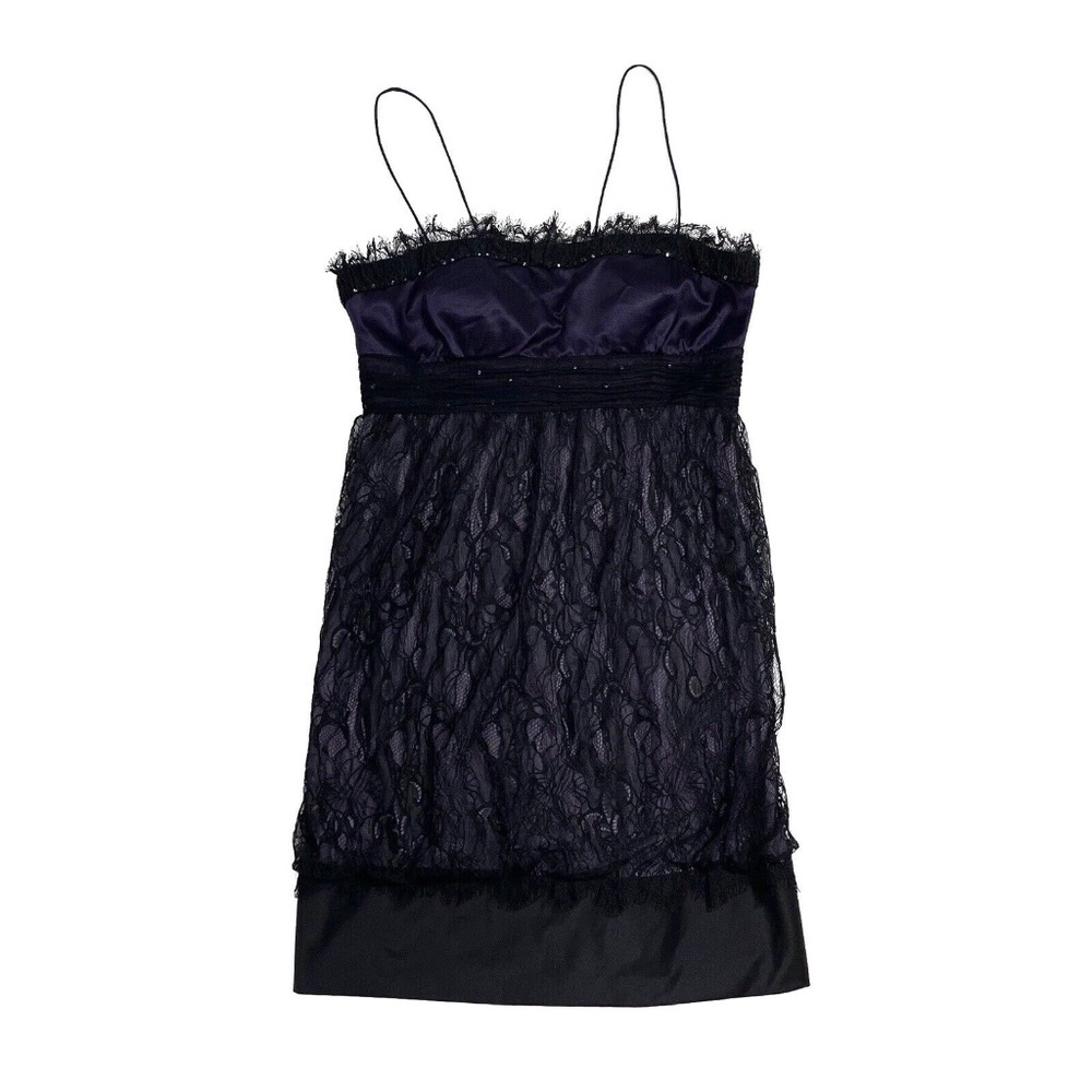 Marc Bouwer Glamit! Women’s Size 10 Purple Black Silk Lace Trim Cocktail Dress